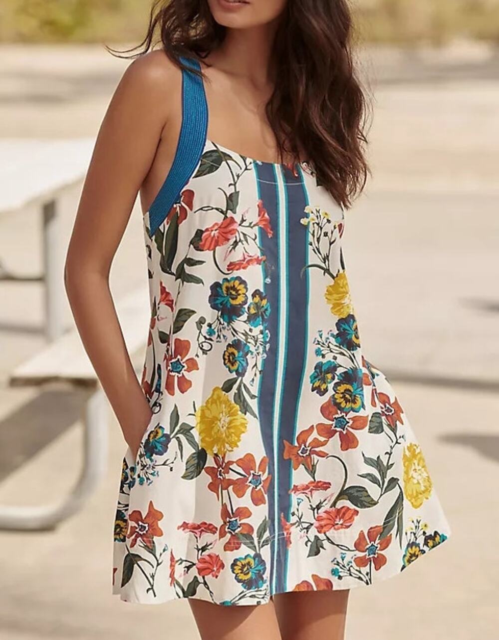 Anthropologie Sleeveless Cross-Back Cotton A-Line Mini Dress White Blue XL